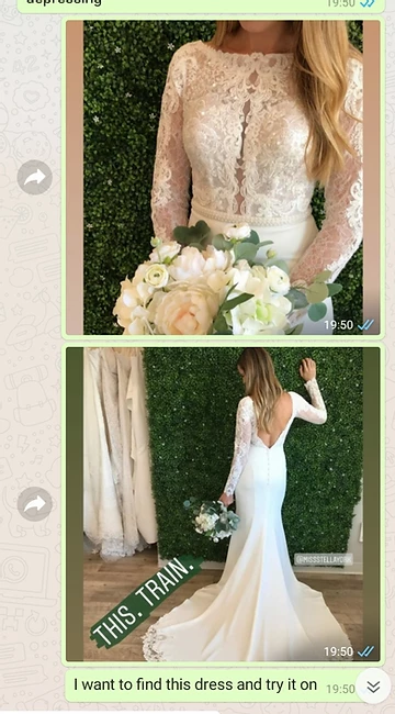 Screenshot of a whats app messaging showing a wedding dress